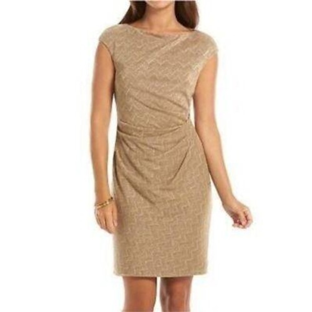 Chaps Dress Size 8 Sleeveless Chevron Ruched Sheath Beige Gold‎ Metallic Shimmer